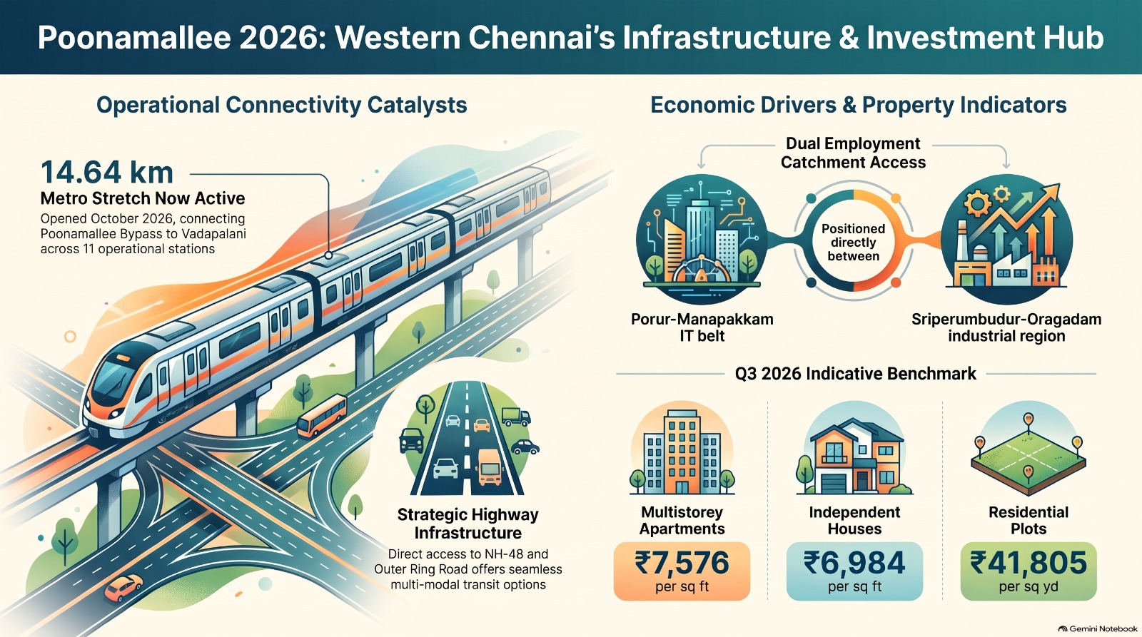 Infographic: Poonamallee 2026 — Western Chennai’s infrastructure and investment hub, showing the 14.64 km metro stretch, NH-48 and Outer Ring Road access, the Porur–Manapakkam IT belt, the Sriperumbudur–Oragadam industrial region and Q3 2026 indicative price benchmarks